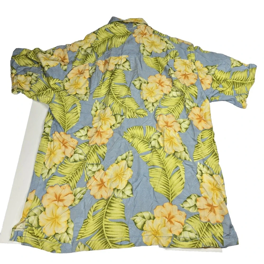 Tommy Bahama Shirt Mens Small Blue‎ Yellow Silk Floral Hawaiian Button Up Summer